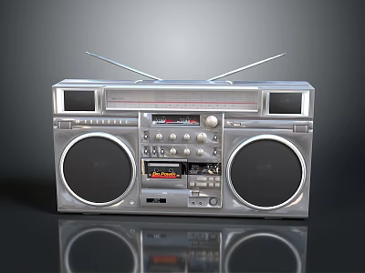 Vintage Silver Radio Cassette Player With Dual Speakers Antennas Control Panel And Tape Deck 3d model