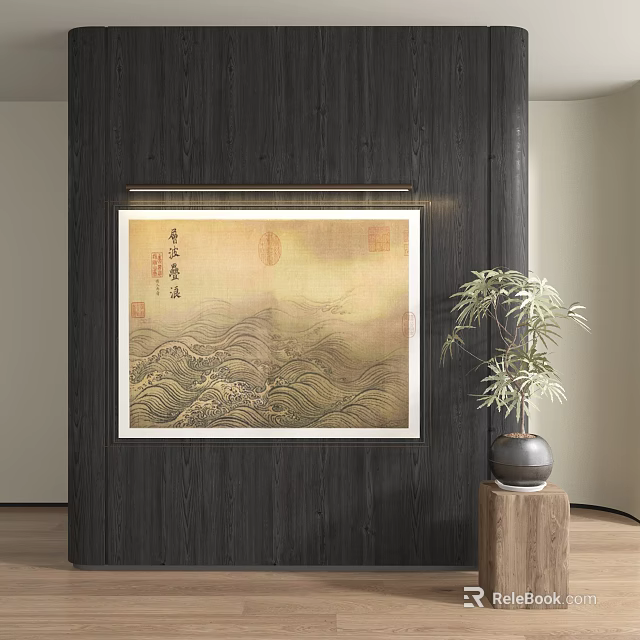 Abstract Painting Hanging on Dark Wooden Wall with Red Seal Calligraphy and Potted Plant 3d model 