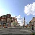 Charming European Style Commercial Street With Pedestrian Square Outdoor Seating And Flower Decorations