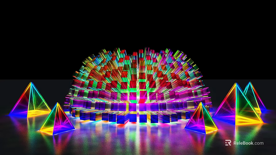 Colorful Spiked Structure Photo Check in Spot With Glowing Blocks And Pyramids 3d model 