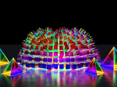 Colorful Spiked Structure Photo Check in Spot With Glowing Blocks And Pyramids 3d model