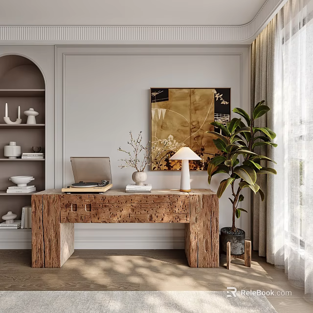 Wooden Entryway Cabinet Sideboard With Laptop Vase Table Lamp Large Green Plant And Decorative Painting 3d model 
