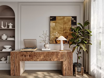Wooden Entryway Cabinet Sideboard With Laptop Vase Table Lamp Large Green Plant And Decorative Painting 3d model