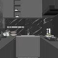 Modern Kitchen Interior With Dark Gray Cabinets White Countertops Marble Backsplash And LED Lighting