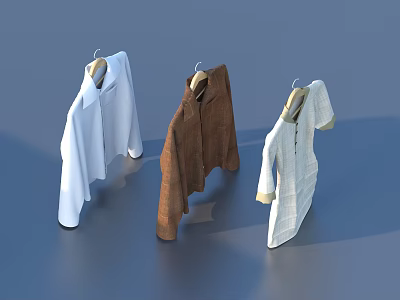 Three Different Style Tops Hanging On Hangers In White And Brown Colors 3d model