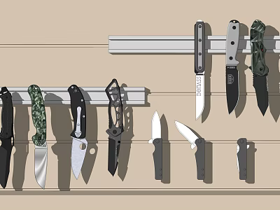 Wall Mounted Metal Knife Rack With Various Kitchen Knives Diverse Handle Colors 3d model