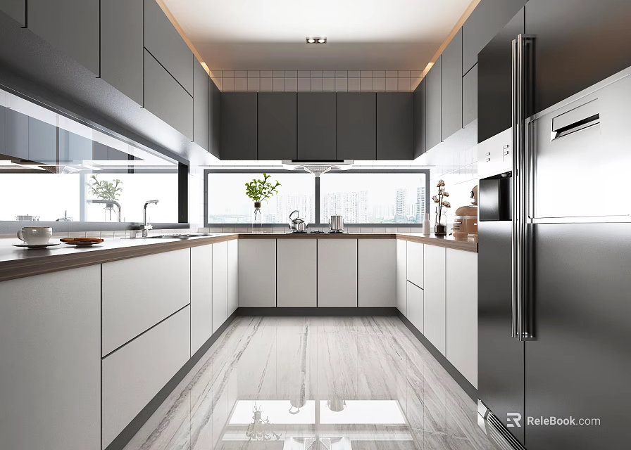 Modern Kitchen Interior With Gray Cabinets White Countertop And Stainless Steel Refrigerator 3d model 