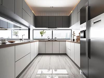 Modern Kitchen Interior With Gray Cabinets White Countertop And Stainless Steel Refrigerator 3d model