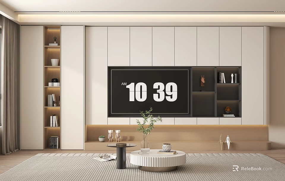 White Modern TV Cabinet With Open Shelves Light Wooden Countertop And Potted Plant 3d model 