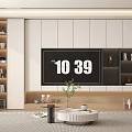 White Modern TV Cabinet With Open Shelves Light Wooden Countertop And Potted Plant