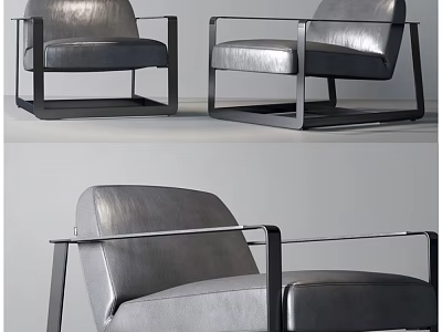 Sleek Modern Leather Leisure Chair With Metal Frame And Square Armrests 3d model