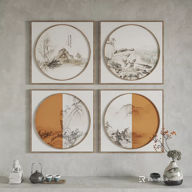 Chinese Landscape Decorative Paintings Circular Square Frames Brown Beige Gray Wall Vase Branches 3d model