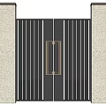 Modern Entrance Gate with Vertical Stripes Design and Brass Handle Flanked by Stone Pillars