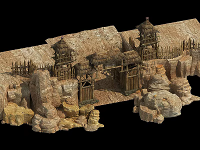 Ancient Wooden Gate In Rocky Terrain With Thatched Roof Structures And Wooden Fence 3d model