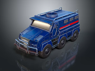Blue Armored Tank With Six Wheels Roof Equipment And Red Stripe Design 3d model