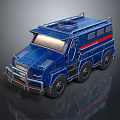 Blue Armored Tank With Six Wheels Roof Equipment And Red Stripe Design