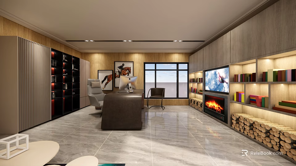 Modern Office Interior With Wooden Bookshelves Desk And TV Fireplace Marble Floor And Large Window 3d model 