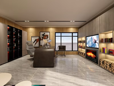Modern Office Interior With Wooden Bookshelves Desk And TV Fireplace Marble Floor And Large Window 3d model