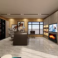 Modern Office Interior With Wooden Bookshelves Desk And TV Fireplace Marble Floor And Large Window