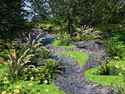Scenic Park Landscape With Flowing Stream Green Grass Ferns And Yellow Flowers 3d model