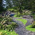 Scenic Park Landscape With Flowing Stream Green Grass Ferns And Yellow Flowers