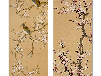Traditional Style Botanical Paintings With Blossom Branches And Colorful Birds 3d model