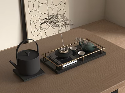 Modern Tea Set With Black Teapot Teacups On Wooden Table Tray And Decorative Artwork 3d model