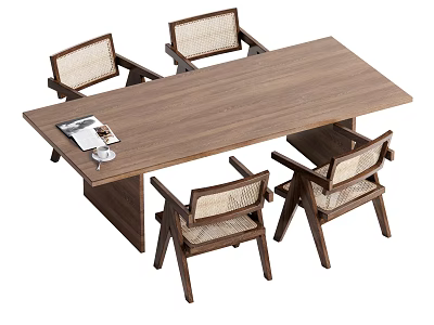 Wooden Dining Table Set With Four Woven Back Chairs And Tabletop Magazine And Cup 3d model