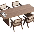 Wooden Dining Table Set With Four Woven Back Chairs And Tabletop Magazine And Cup