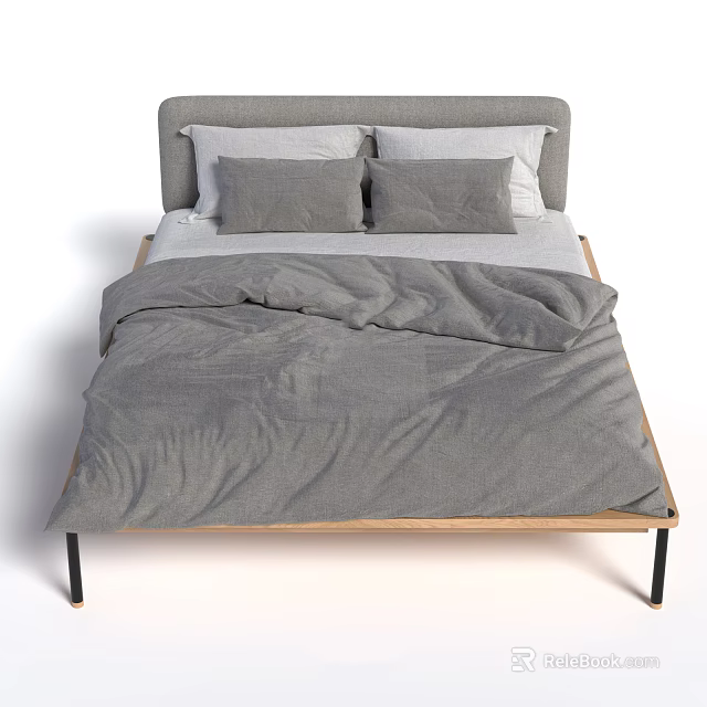 Double Bed With Gray Headboard Gray Cushions White Pillows And Wooden Frame 3d model 