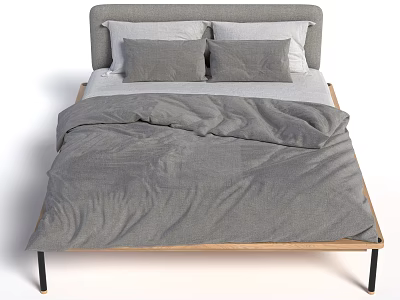 Double Bed With Gray Headboard Gray Cushions White Pillows And Wooden Frame 3d model