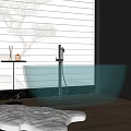 Teal Transparent Bathtub in Modern Bathroom with Side Table Aromatherapy Items Wooden Floor and Rug