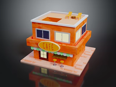 Cartoon Style Cafe Building With Orange Exterior Terrace And Outdoor Tables Chairs 3d model