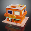 Cartoon Style Cafe Building With Orange Exterior Terrace And Outdoor Tables Chairs