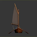 Wooden Toy Sailboat With White Sail Blue Cargo Oar And Reflection On Dark Surface