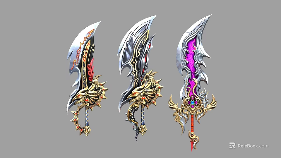 Ornate Fantasy Swords with Intricate Dragon Designs Vibrant Purple Glow and Gold Accents 3d model 