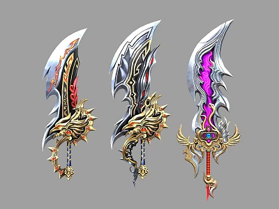 Ornate Fantasy Swords with Intricate Dragon Designs Vibrant Purple Glow and Gold Accents 3d model