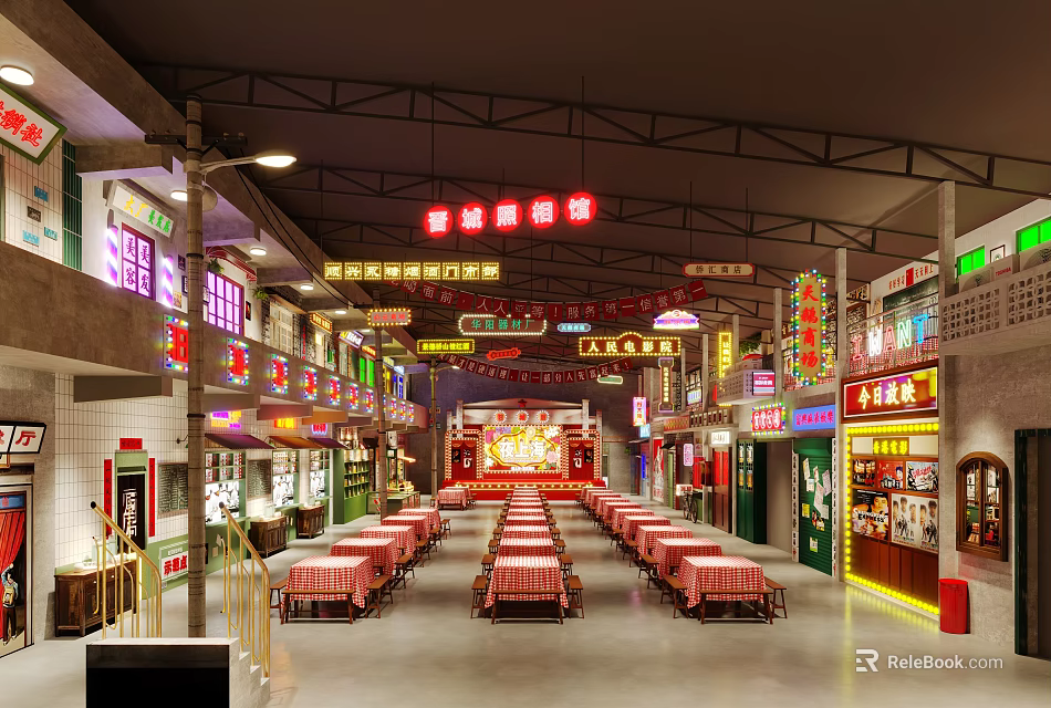 Traditional Chinese Food Street Restaurant With Red Lanterns Neon Signs And Long Tables 3d model 