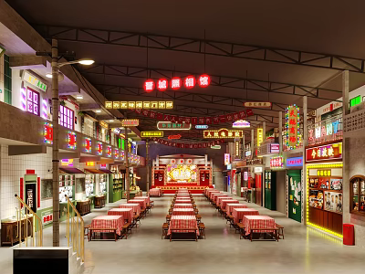 Traditional Chinese Food Street Restaurant With Red Lanterns Neon Signs And Long Tables 3d model
