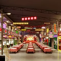 Traditional Chinese Food Street Restaurant With Red Lanterns Neon Signs And Long Tables