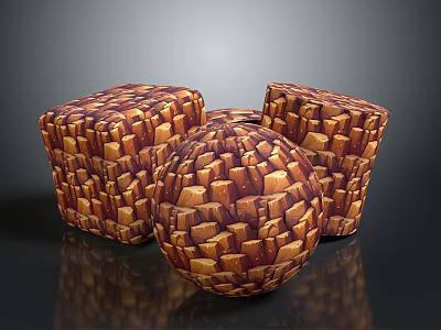 Decorative Geometric Sculptures With Wooden Block Patterns Cube And Sphere Shapes Brown Yellow Textured Surfaces 3d model