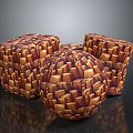 Decorative Geometric Sculptures With Wooden Block Patterns Cube And Sphere Shapes Brown Yellow Textured Surfaces