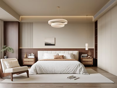 Modern Minimalist Bedroom Interior With Chandelier Bed Nightstands Armchair And Rug 3d model