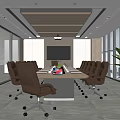 Modern Conference Room Interior With Long Table Brown Leather Chairs And Floor to Ceiling Windows