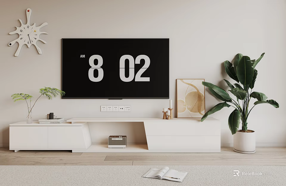 Modern White TV Stand With Flat Screen TV Decorative Plants And Wall Clock 3d model 