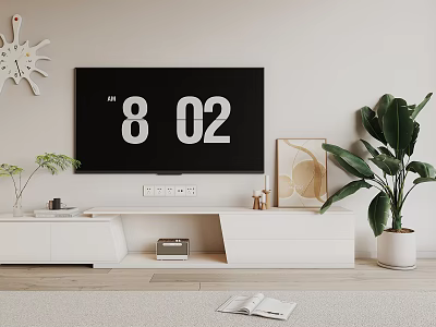 Modern White TV Stand With Flat Screen TV Decorative Plants And Wall Clock 3d model