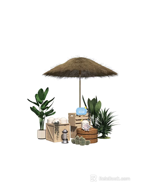 Natural Art Installation Featuring Straw Umbrella Green Plants Wooden Crates And Seashells 3d model 