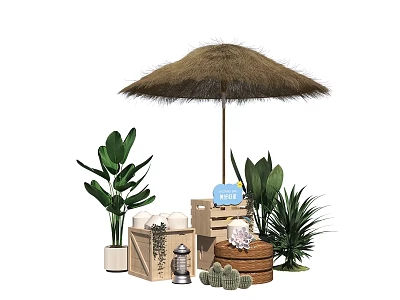 Natural Art Installation Featuring Straw Umbrella Green Plants Wooden Crates And Seashells 3d model
