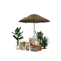 Natural Art Installation Featuring Straw Umbrella Green Plants Wooden Crates And Seashells
