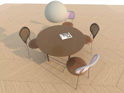 Round Wooden Dining Table Set with Pink Black Chairs and Magazine on Wooden Floor 3d model